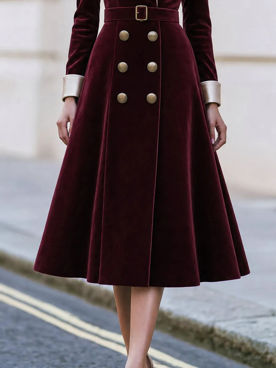Satin‐Lapel Belted Double‐Breasted Velvet Midi Fit‐and‐Flare Dress