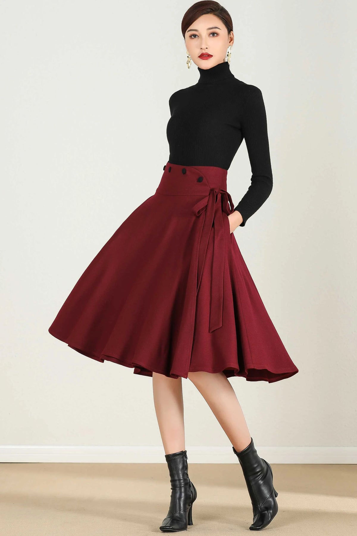 Wine Red Wool Blend High Waist Midi Skirt with Bow Tie – Vintage A-Line Winter Skirt 2433