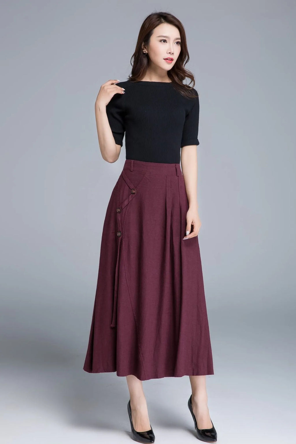 Burgundy Linen Maxi Skirt - High-Waist A-Line Pockets 