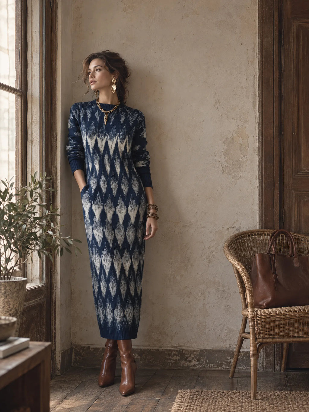 Artistic Navy Abstract Pattern Knit Maxi Dress