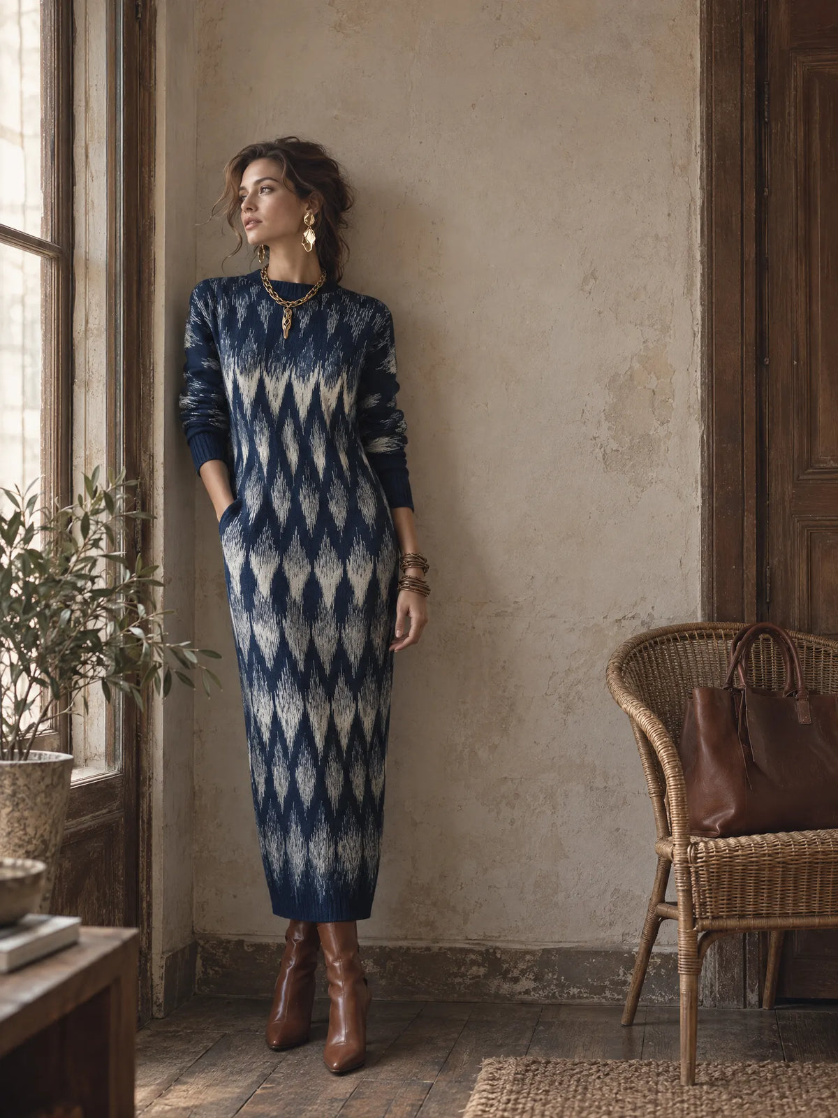 Artistic Navy Abstract Pattern Knit Maxi Dress