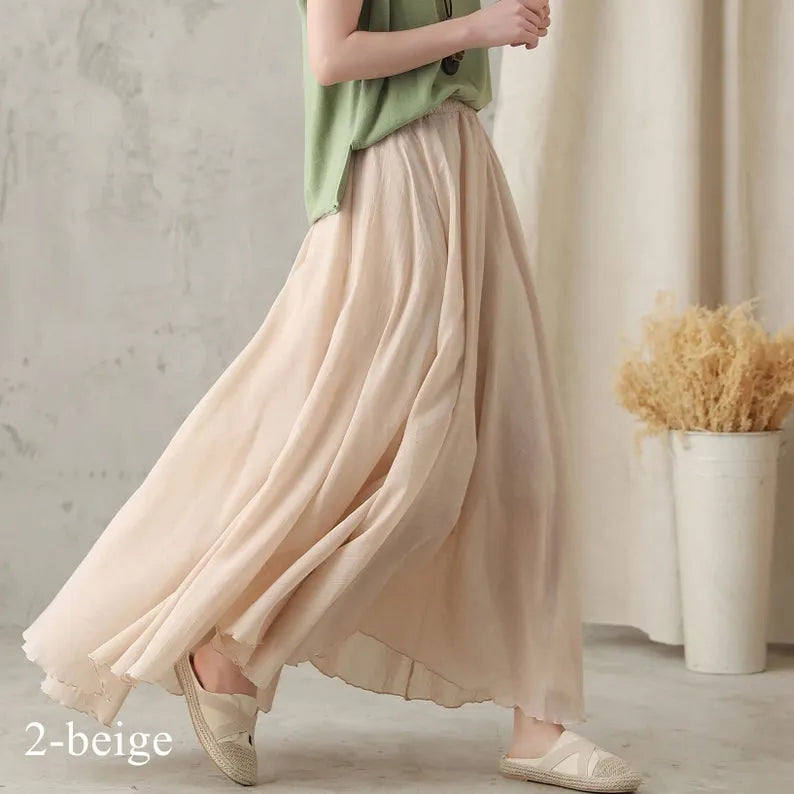 Boho Linen Maxi Skirt, Pleated Elastic Waist 