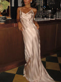 Champagne Satin Striped Maxi Dress