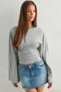 Solid Crew Neck Wide Sleeve Waist Cinched Long Sleeve Tee