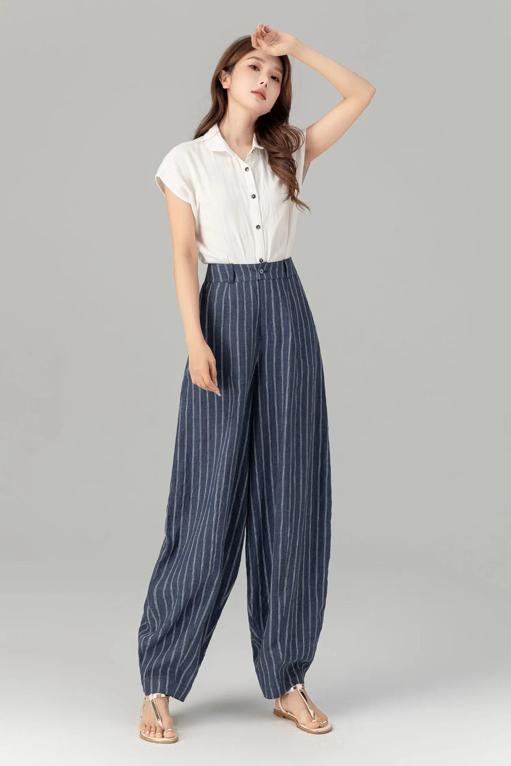 Blue Linen Pants - Plus Size Striped Ankle-Length Relaxed Fit 4939