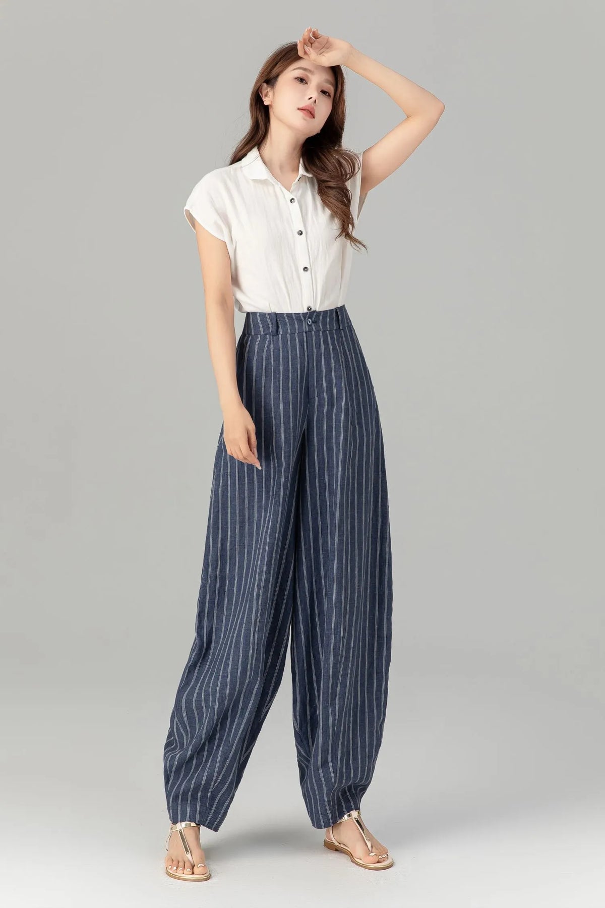 Blue Linen Pants - Plus Size Striped Ankle-Length Relaxed Fit 4939