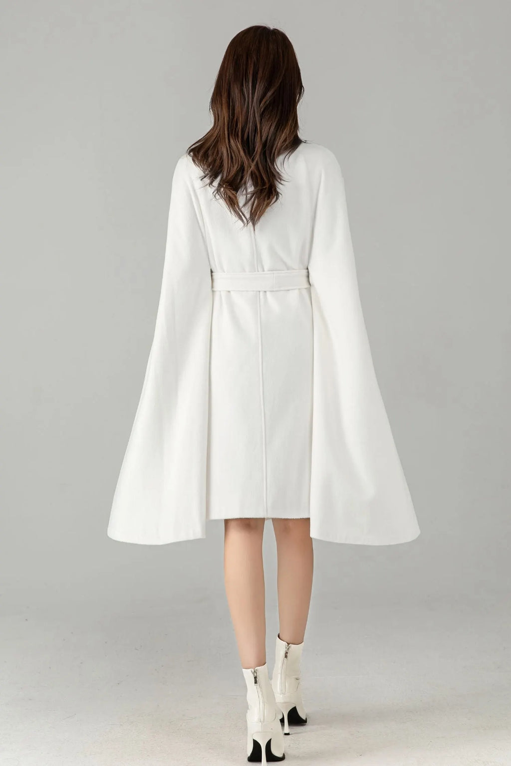 White Wool Cape Coat – Elegant Belted Winter Dress Coat 