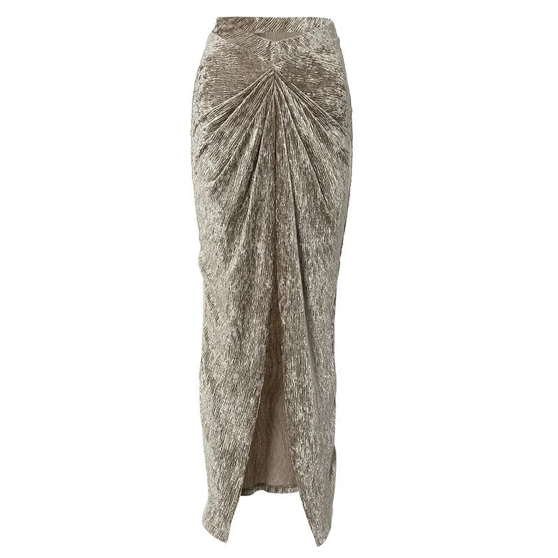 Pleated Velvet High Waist Twist High Split Party Skirt