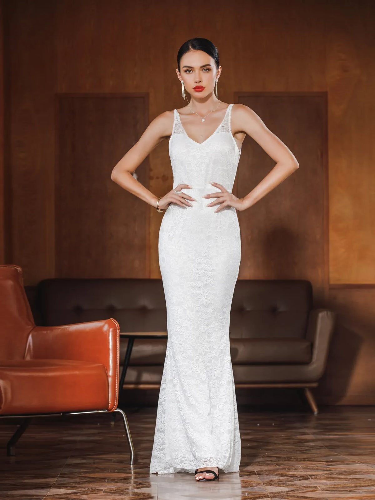 KittenAlarm - Women Lace Halter V Neck Sexy Evening Party Dress