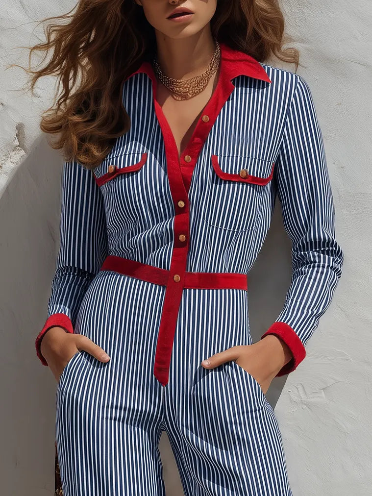 Trendy Retro Color-blocked Striped Long Sleeve Jumpsuit