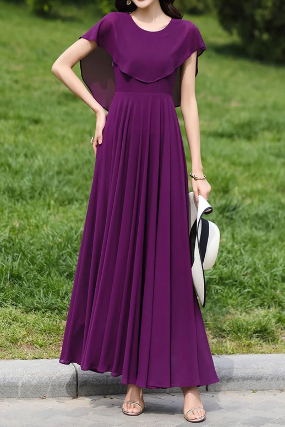 Purple Polyester Chiffon Prom Dress - Cape Detail, Ankle Length 4982