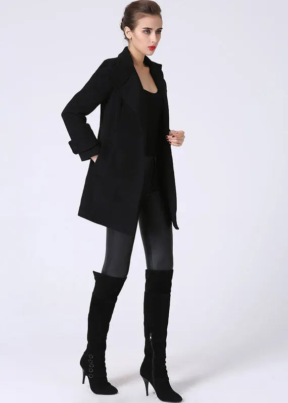 Black Wool Blend Coat - Tailored Short with Stand-Up Collar 1070
