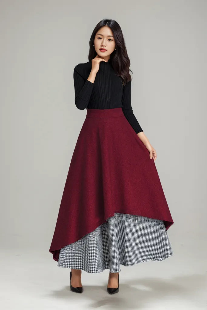 Handmade Layered Wool Maxi Skirt – Burgundy Swing with Houndstooth 