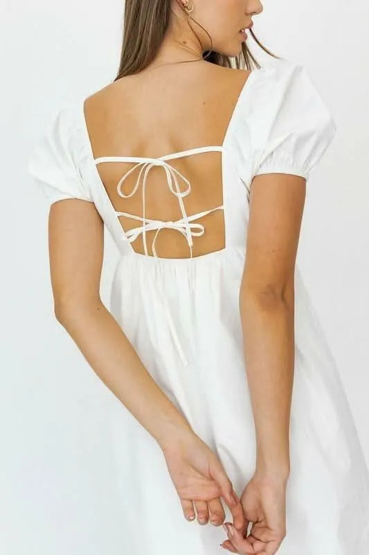 Rosemary White Square Neck Puff Sleeve Babydoll Dress