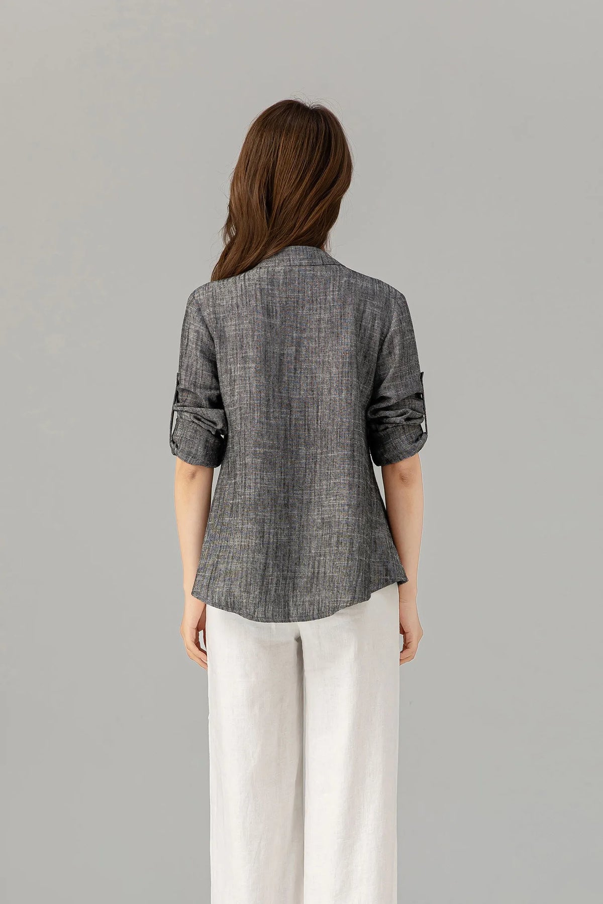 Charcoal Linen Blouse - Button-Down, Long Sleeve, Loose Fit 4915