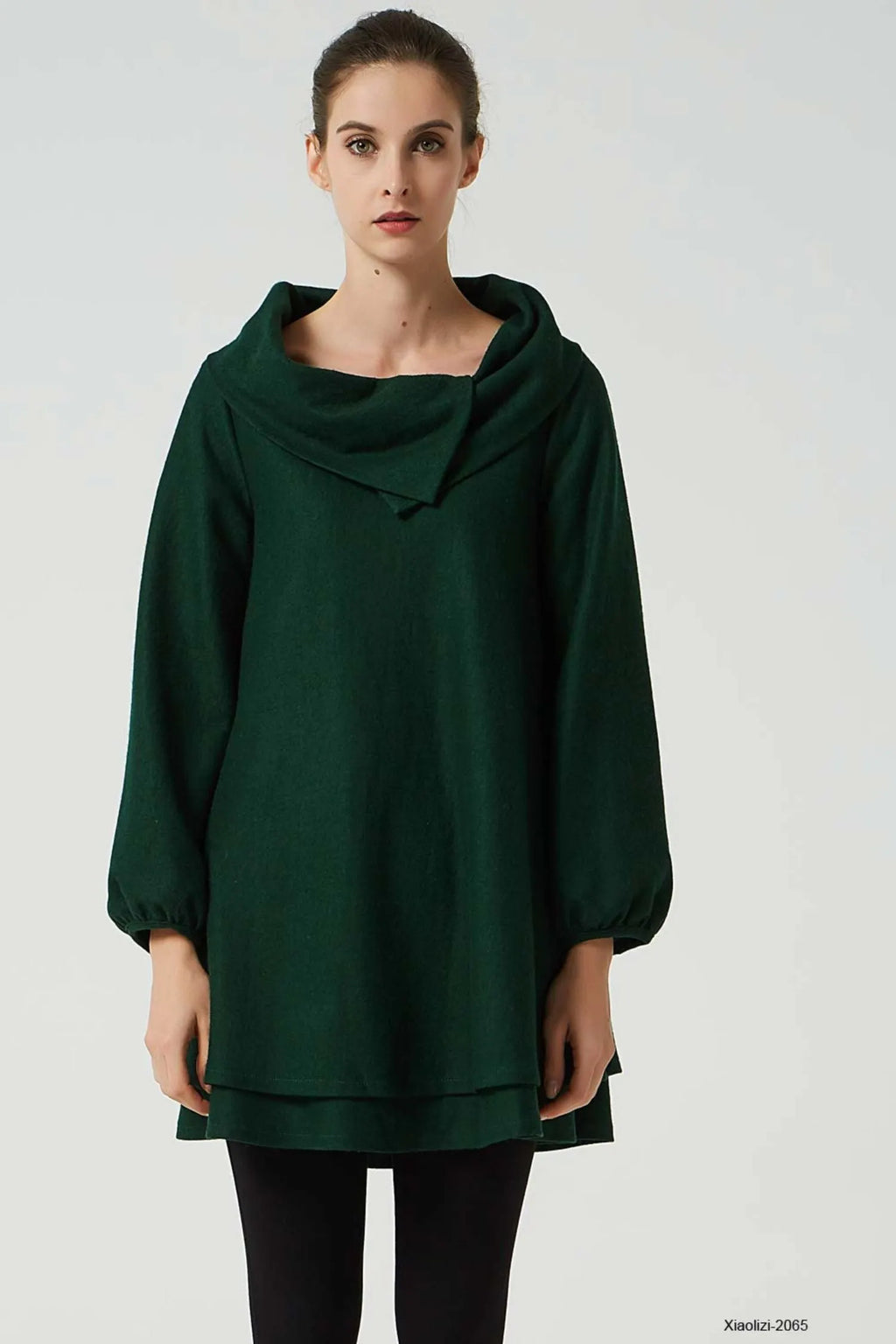 Army Green Wool Tunic Dress - Draped Cowl Neck & Layered Hem 2065