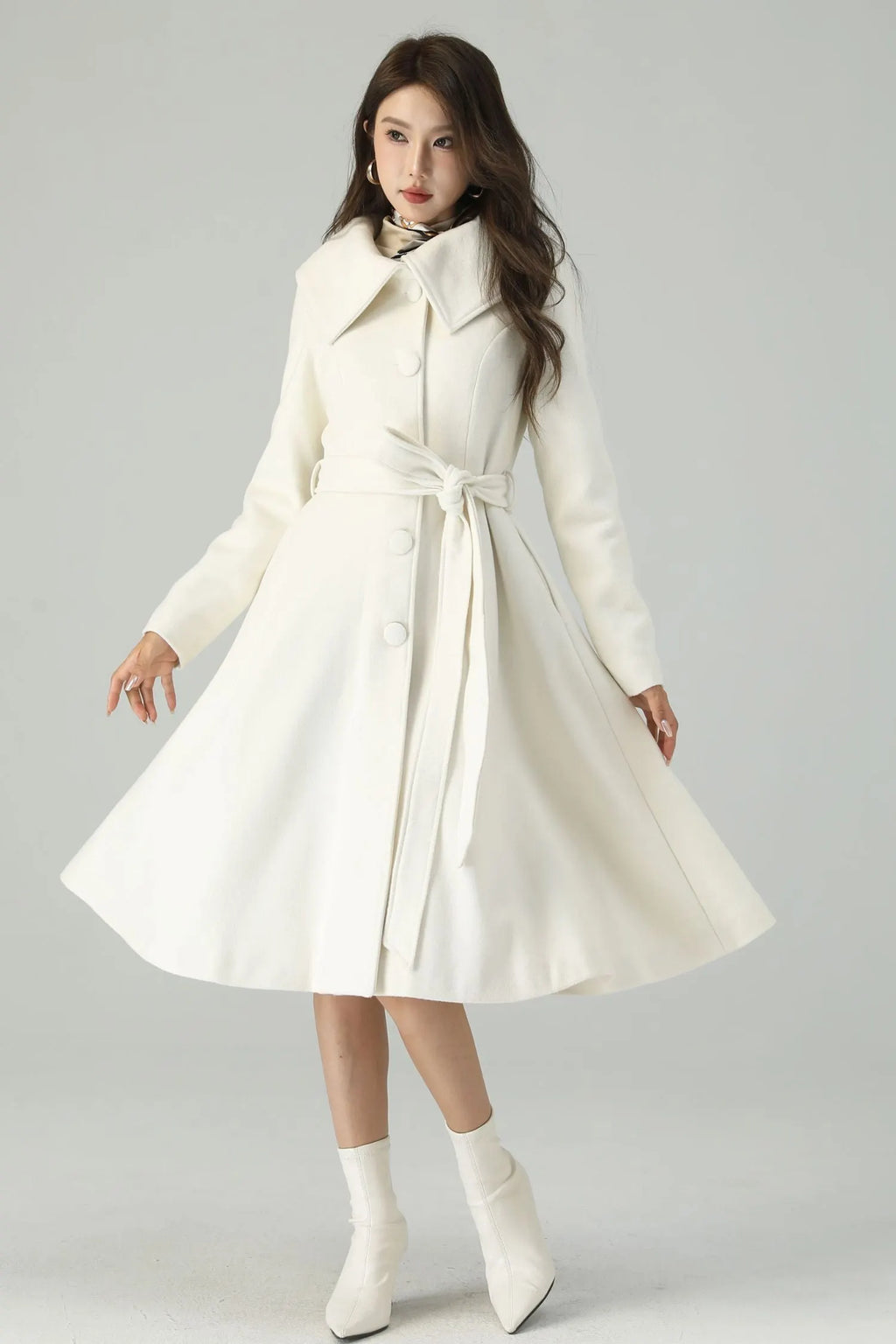 White Wool Blend Knee-Length Coat - Princess Silhouette with Belt 4520