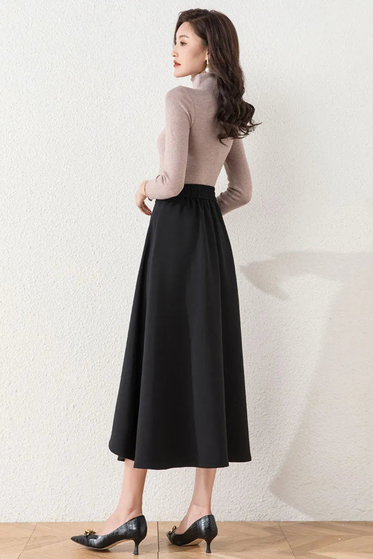 Brown Cotton Blend A-Line Long Skirt - Asymmetrical and High Waist 40