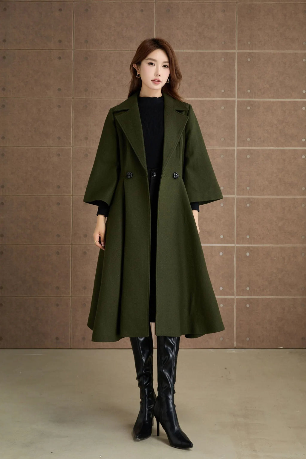 Green Wool Princess Coat - Fit and Flare, 3/4 Sleeves 5364