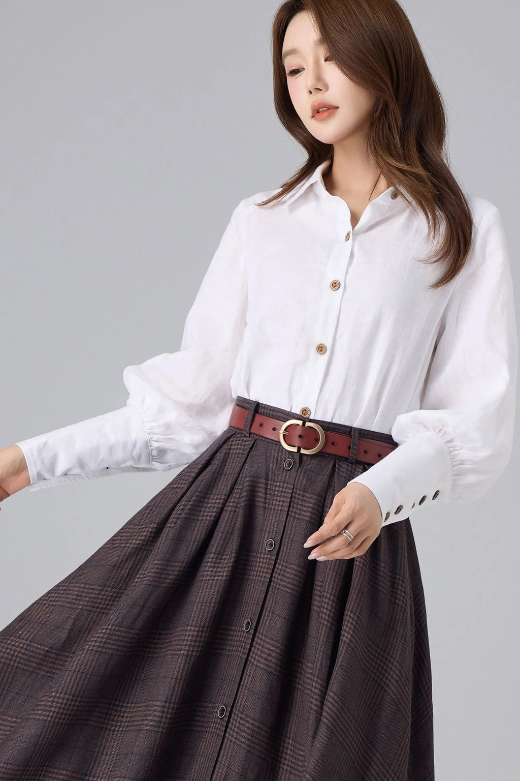 White Linen Cotton Shirt for Women – Puff Sleeve Vintage Inspired Button Blouse 
