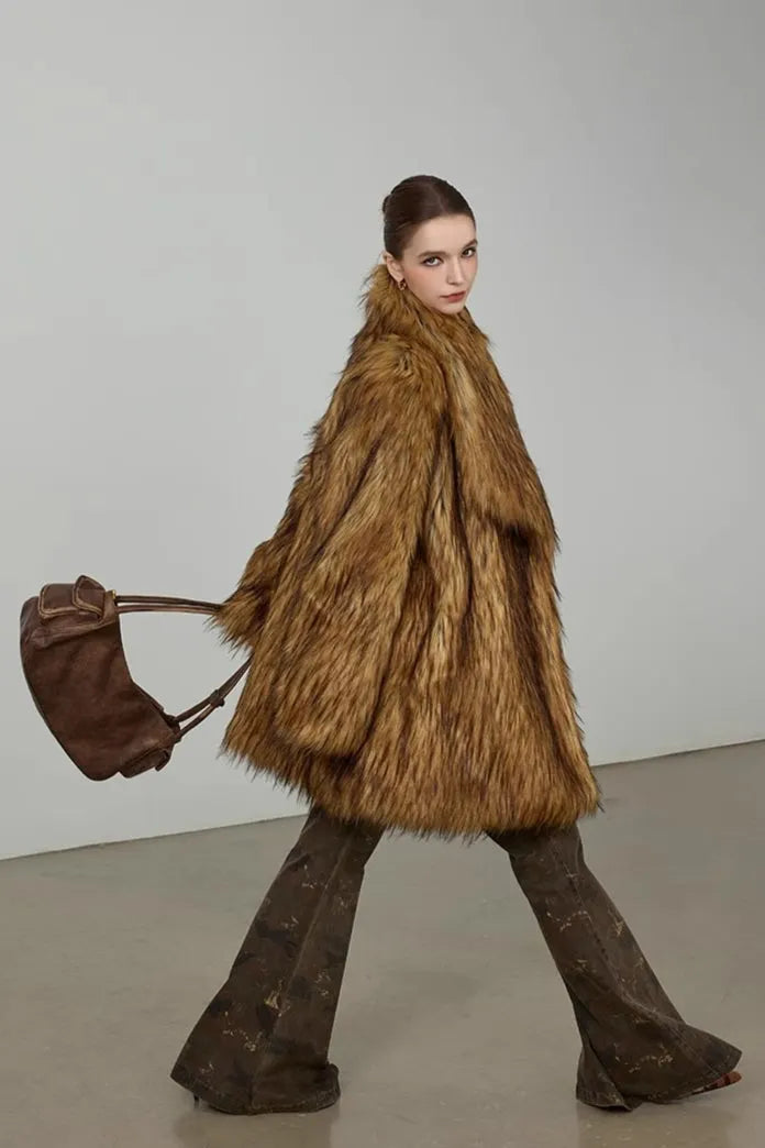 Plush Faux Animal Fur Loose Warm Mid-Length Notch Collar Coat