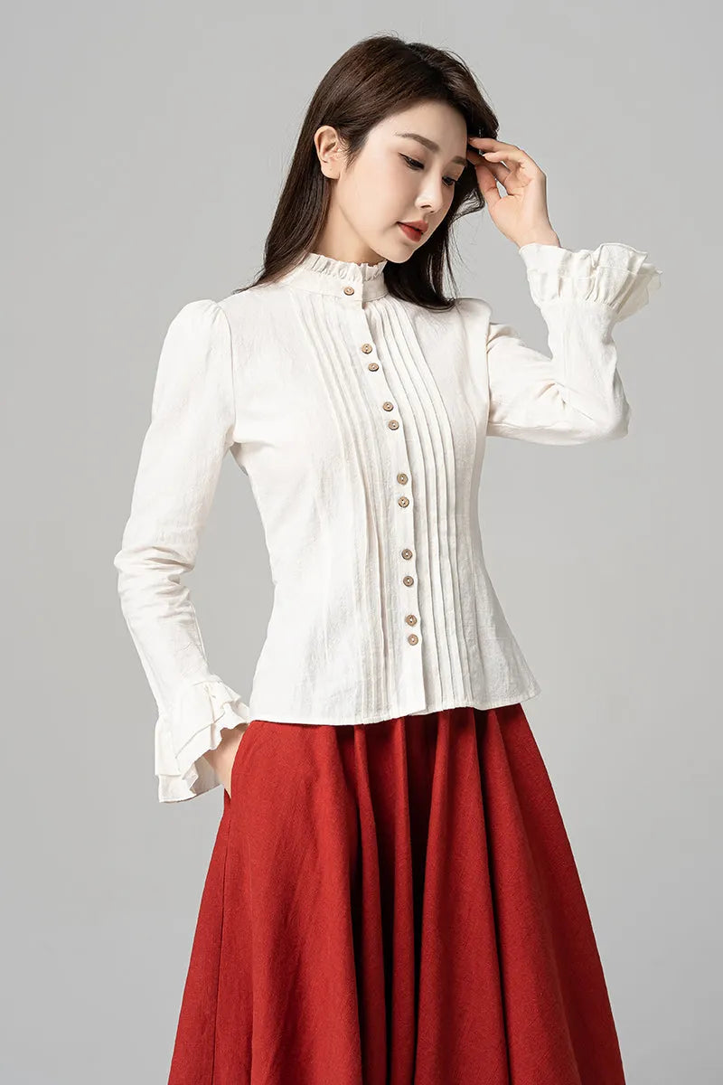 White Linen Blouse - Frill Mock Neck Lantern Sleeve Button-Up 