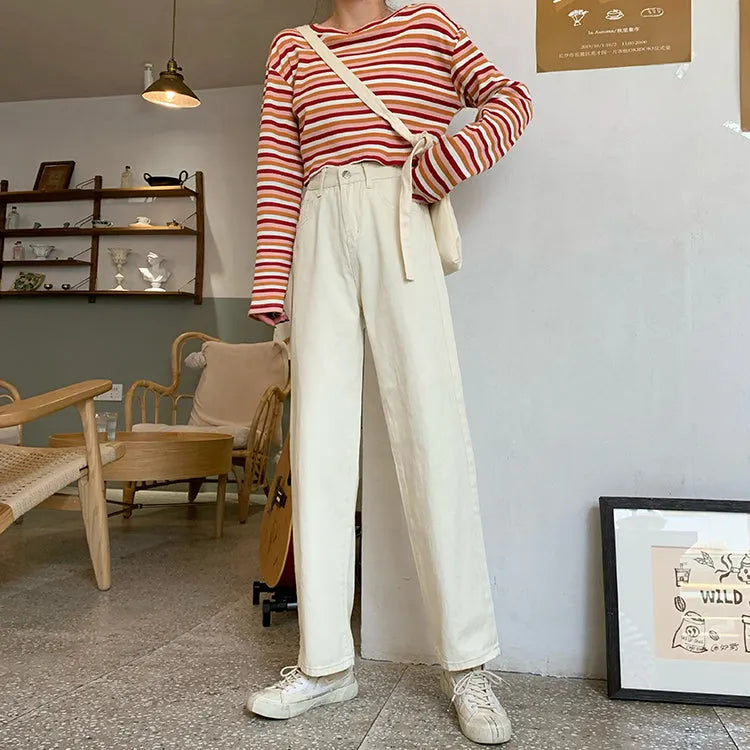 KittenAlarm - High Waist Retro Simple Long Jeans Pants