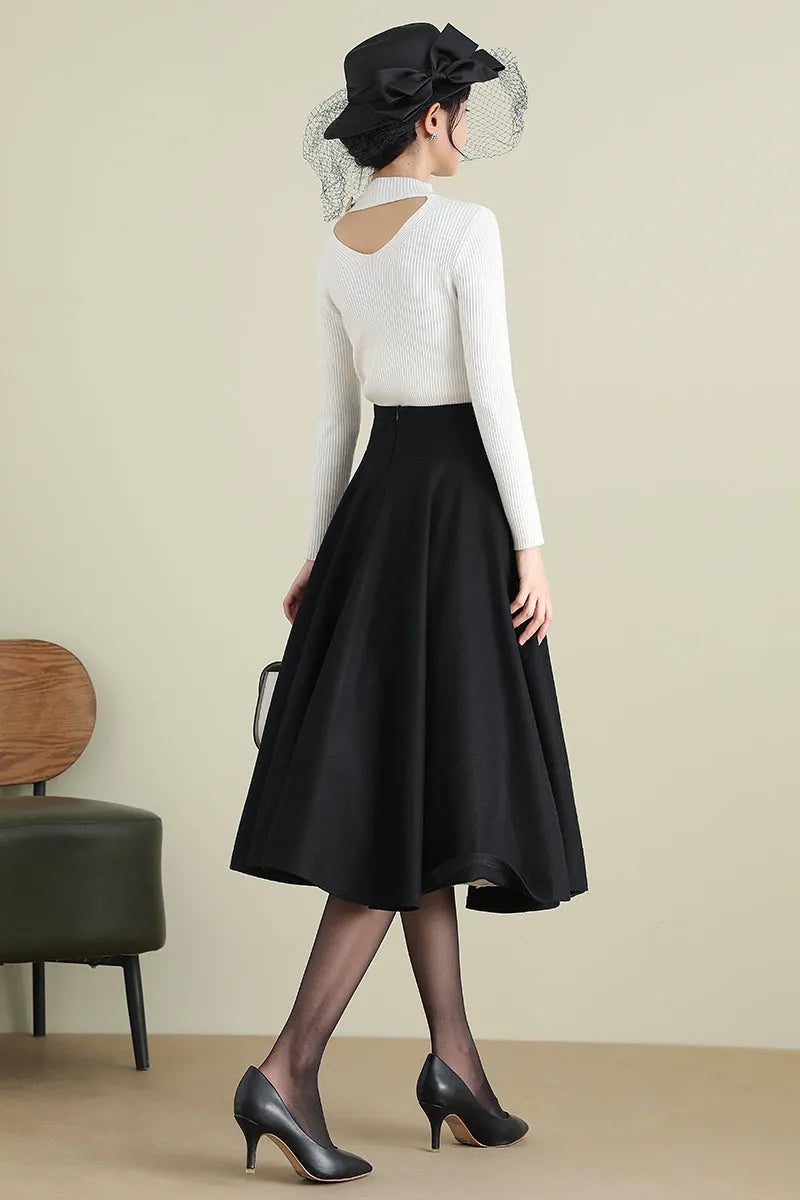 Black Wool Midi Skirt - High Waist Circle Swing 