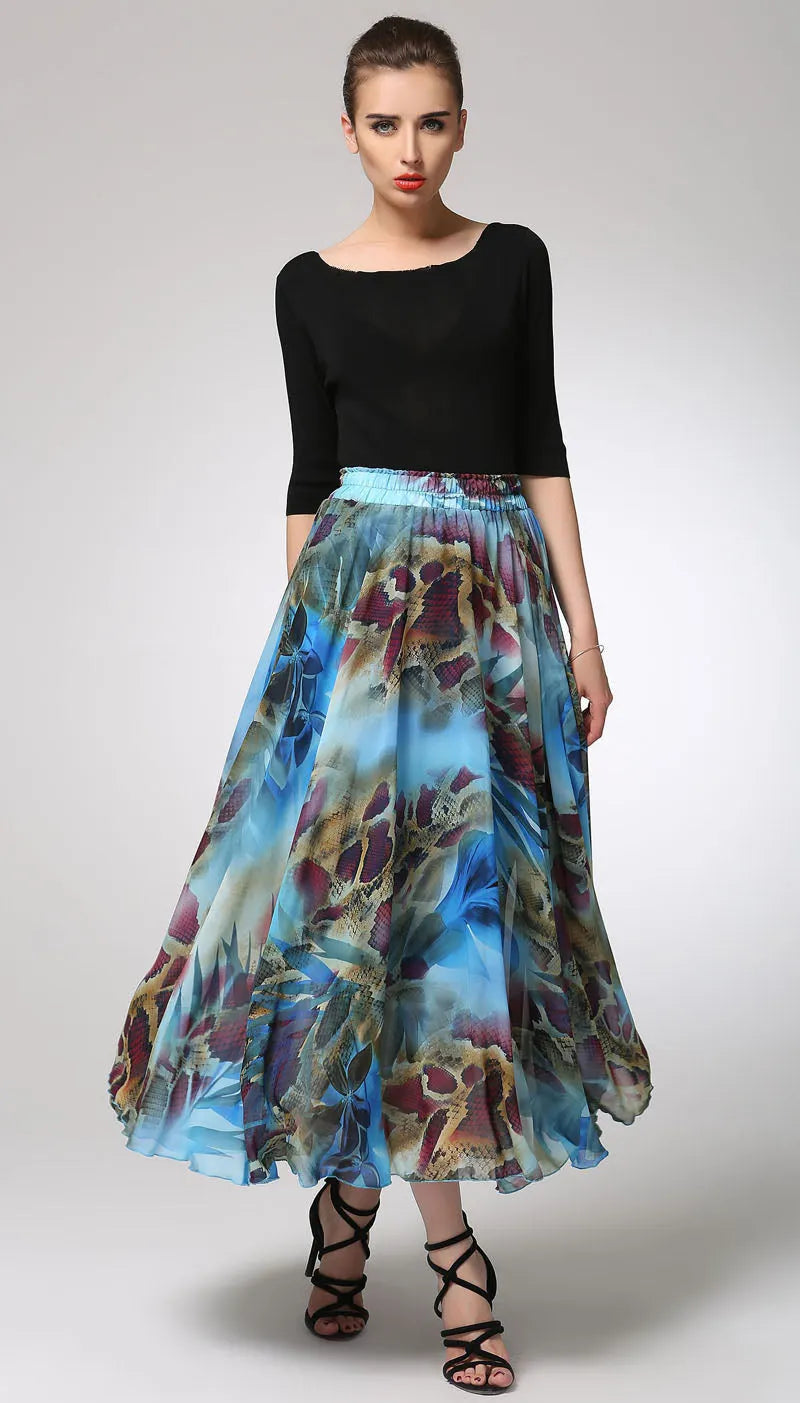 Abstract Print Chiffon Maxi Skirt for Women with Elastic Waist 