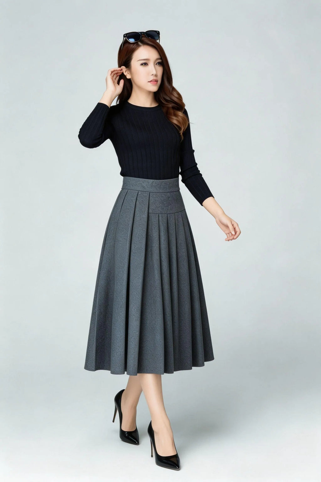 Gray Wool Blend A-Line Midi Skirt - High Waist Pleated Elegance 6926