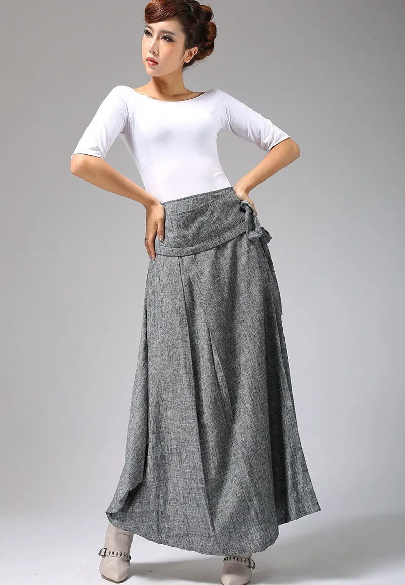 Gray Linen Cotton Maxi Skirt – Handmade Wrap Skirt with Belt  0689
