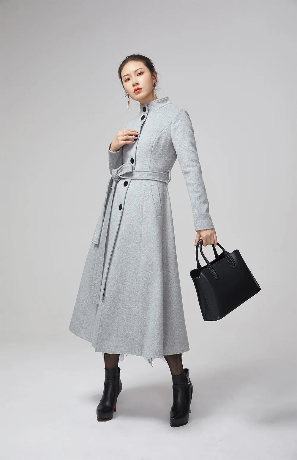 Light Grey Wool Coat – Women’s Vintage Stand Collar Winter Midi Coat with Belt 2205