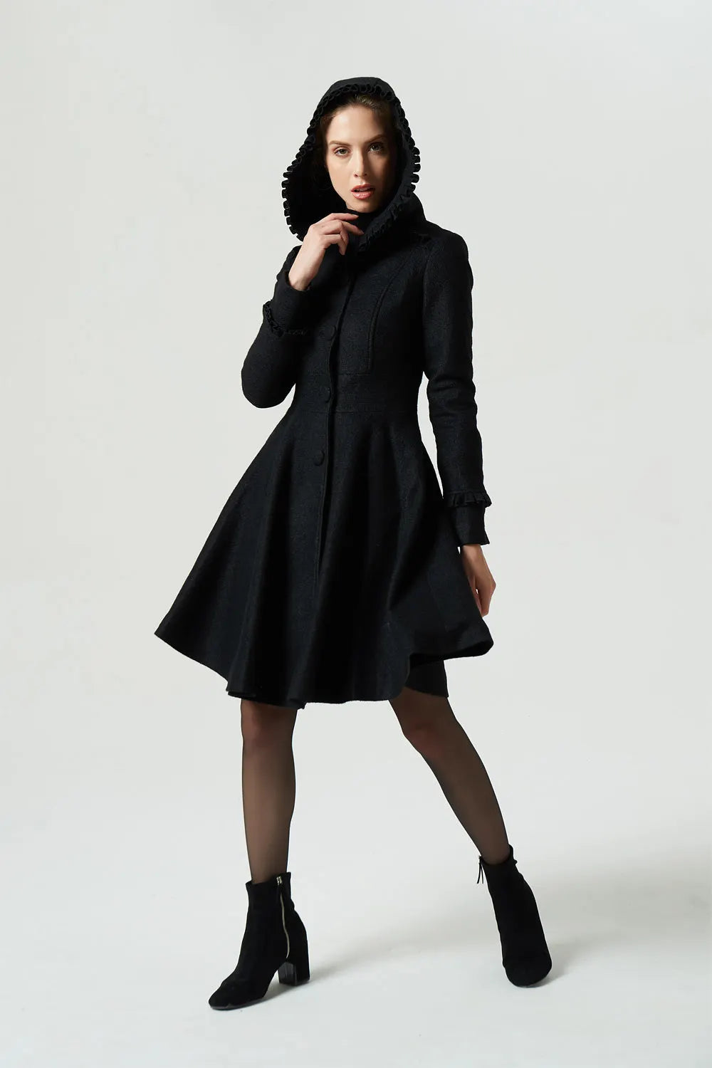 Vintage Wool Coat for Women – Handmade Black Hooded Fit and Flare Winter Coat with Ruffles 