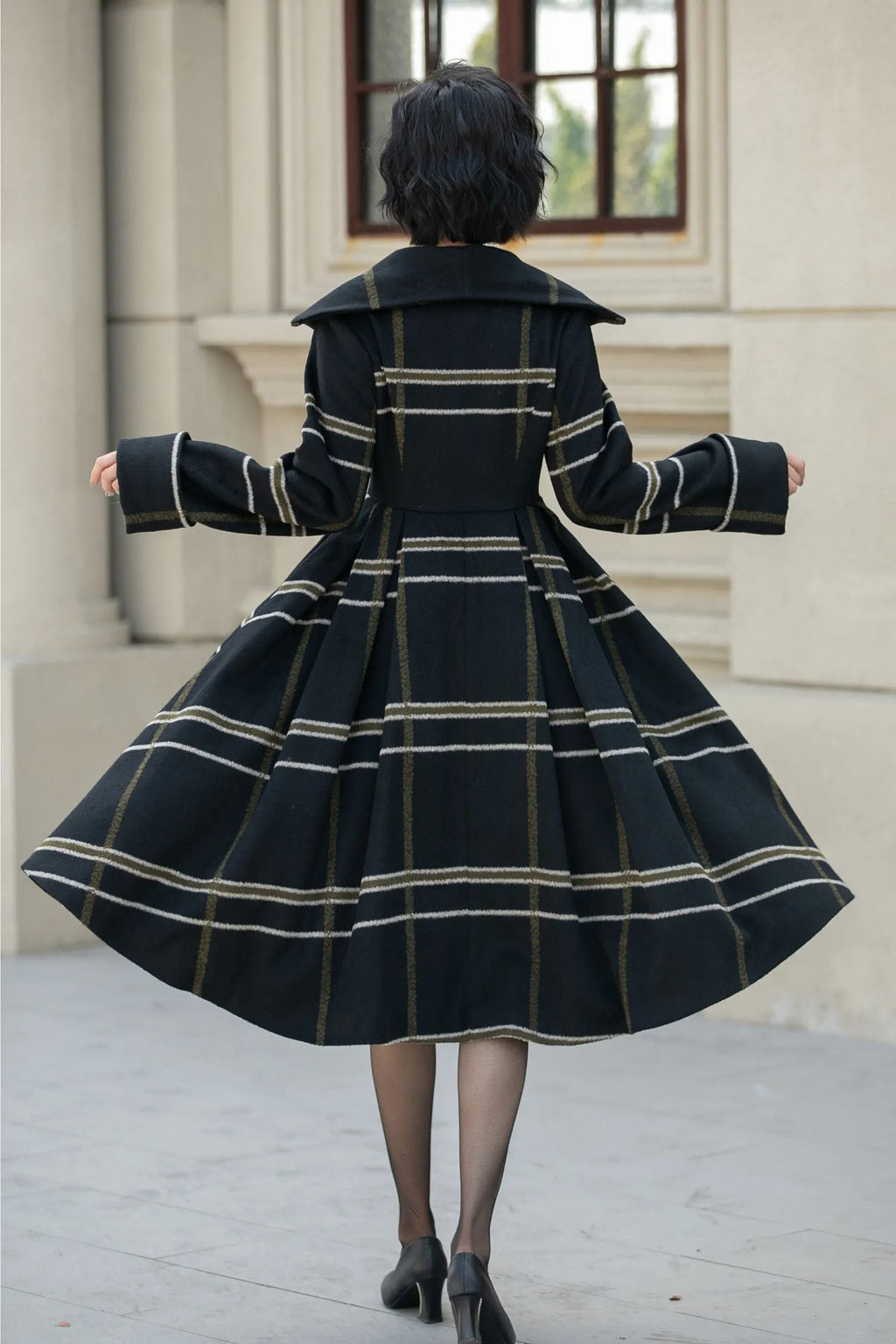 Black Wool Fit and Flare Coat - Double Breasted Stripe Design 5454