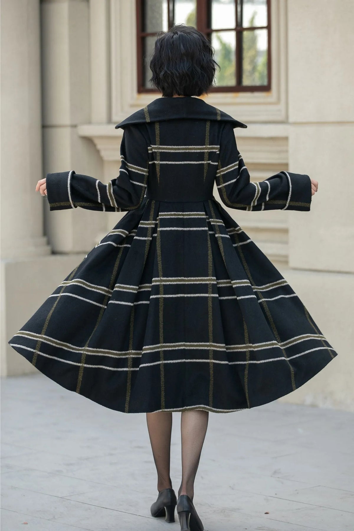 Black Wool Fit and Flare Coat - Double Breasted Stripe Design 5454