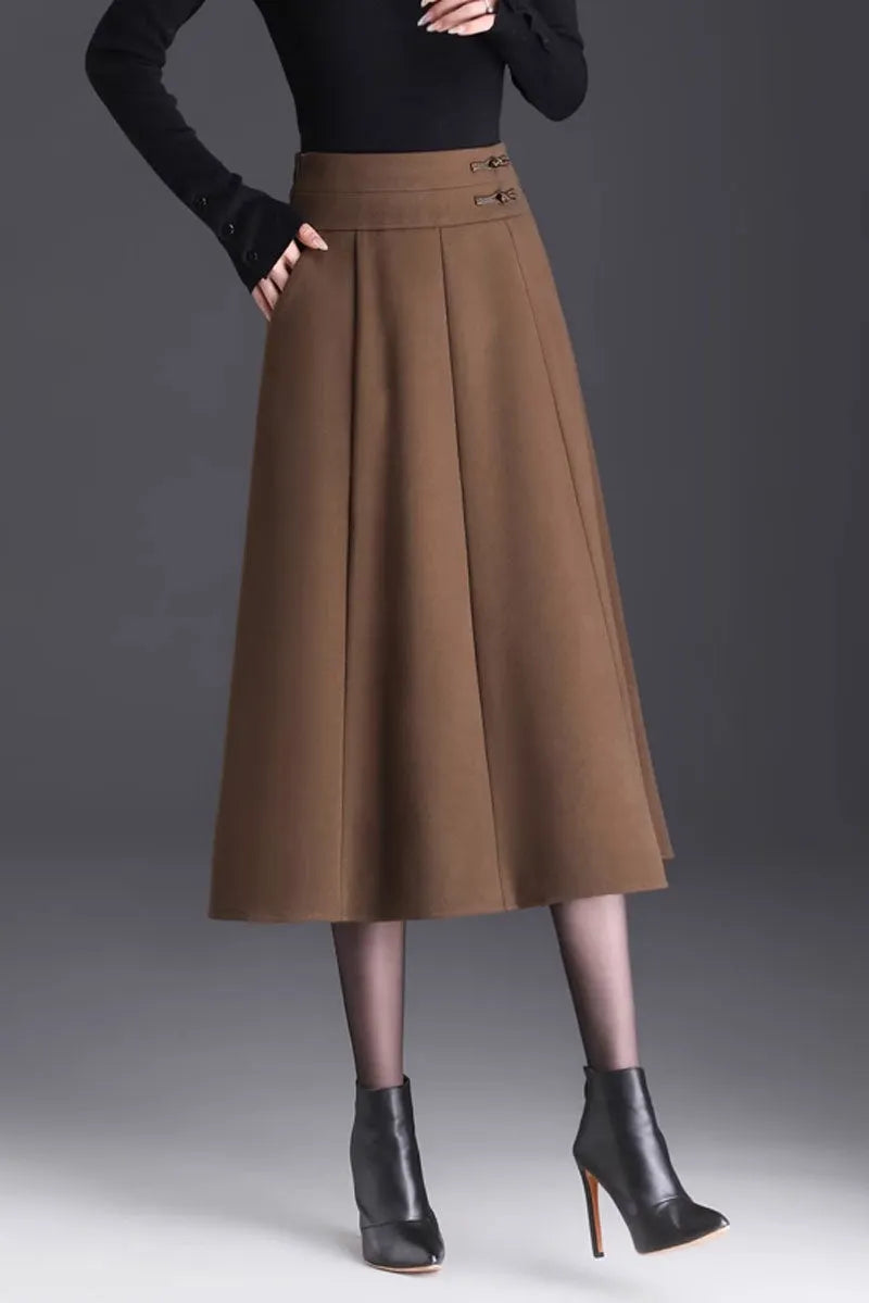 Elegant Brown Wool Skirt – Handmade A-Line Midi, Lined & With Pockets 