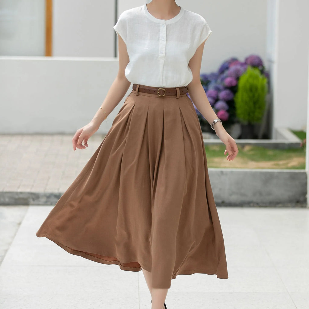 Coffee Linen Midi Skirt - Pleated A-Line with Belt Loops 5982