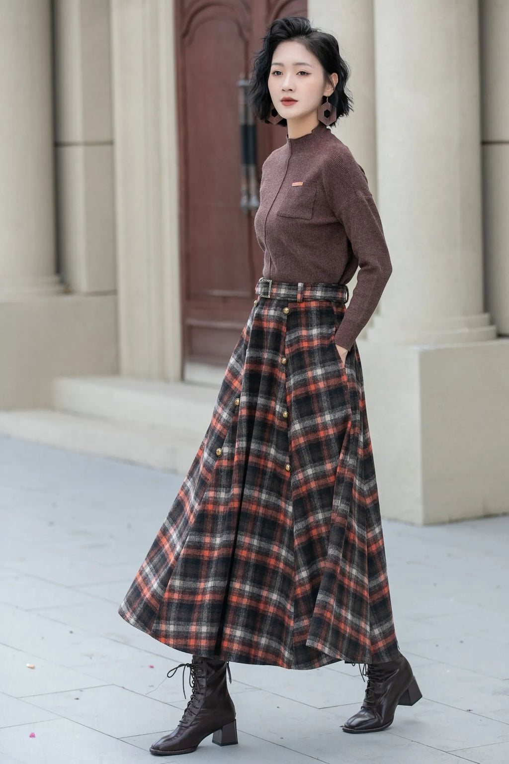 Plaid Wool Midi Skirt - A-Line Silhouette with Belt Waist 5355
