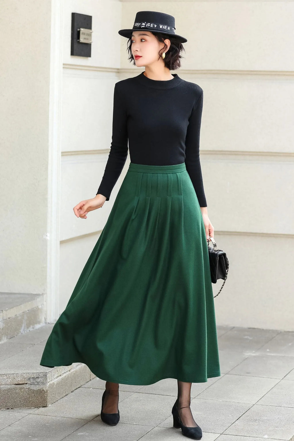 Green Wool Blend A-Line Ankle Length Skirt - High Waist Flowy 6973