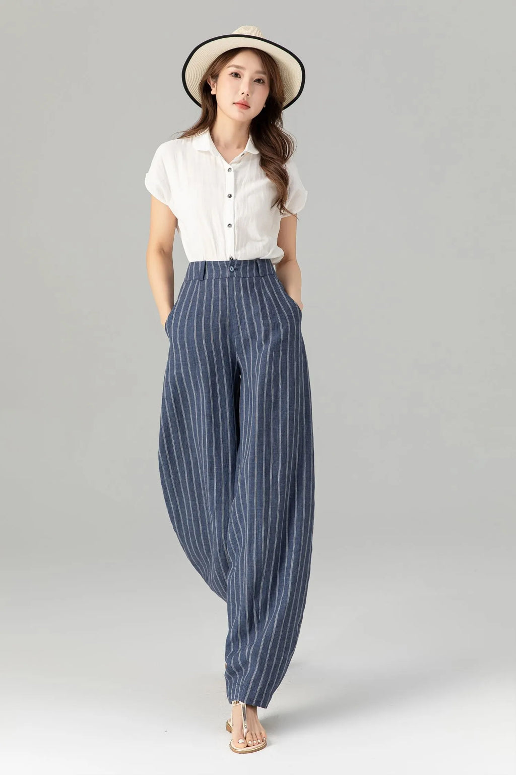 Blue Linen Pants - Plus Size Striped Ankle-Length Relaxed Fit 4939