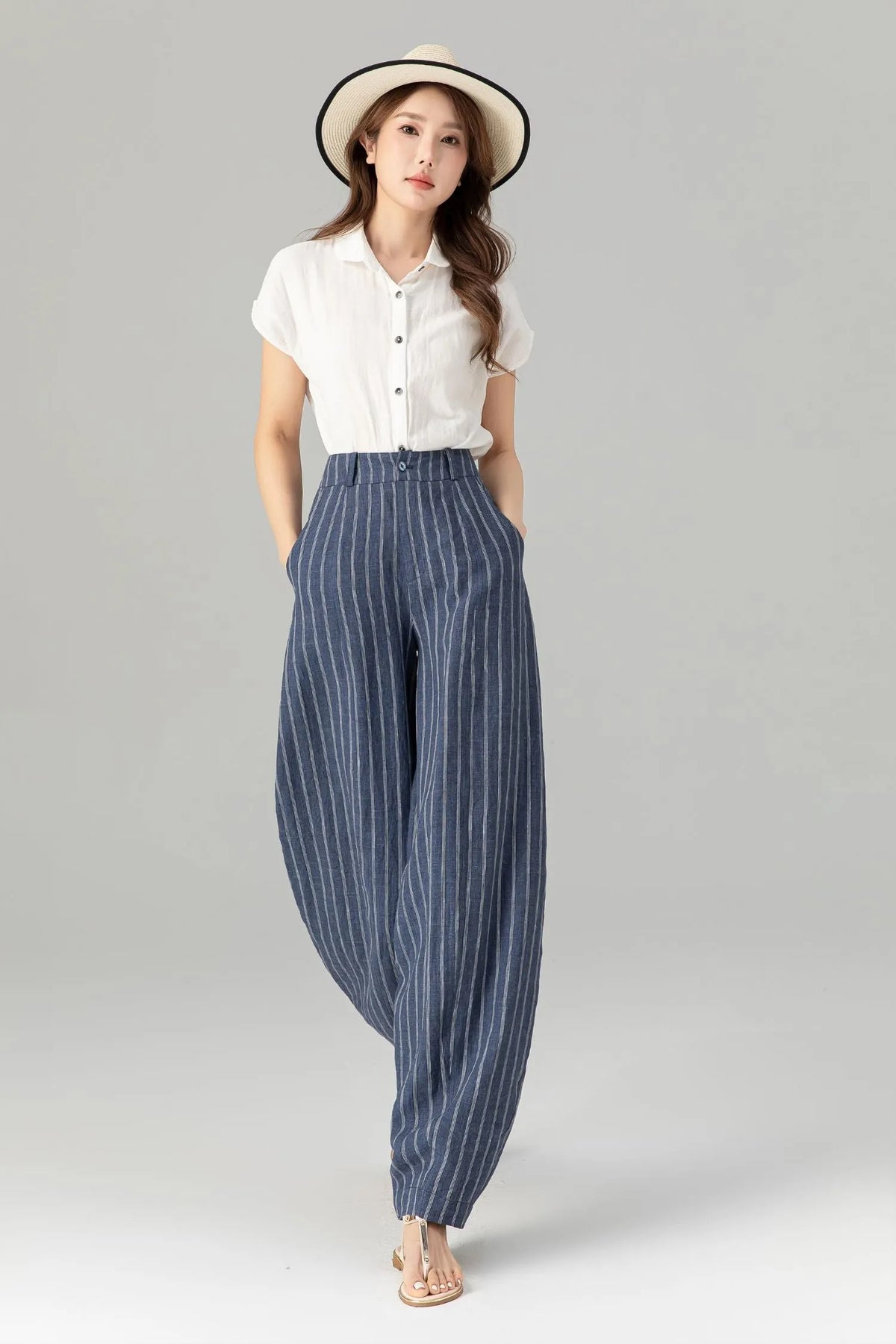 Blue Linen Pants - Plus Size Striped Ankle-Length Relaxed Fit 4939