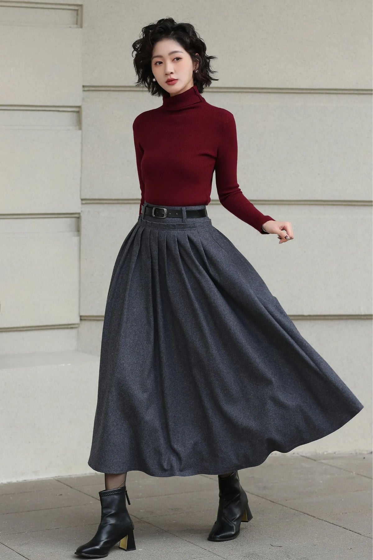 Handmade Vintage Wool Skirt – Gray Pleated A-Line Midi Skirt for Winter 6613