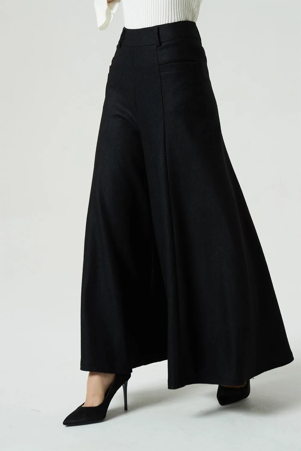 Black Wool Wide Leg Palazzo Pants - High Waist Pleated Maxi Pants 1998