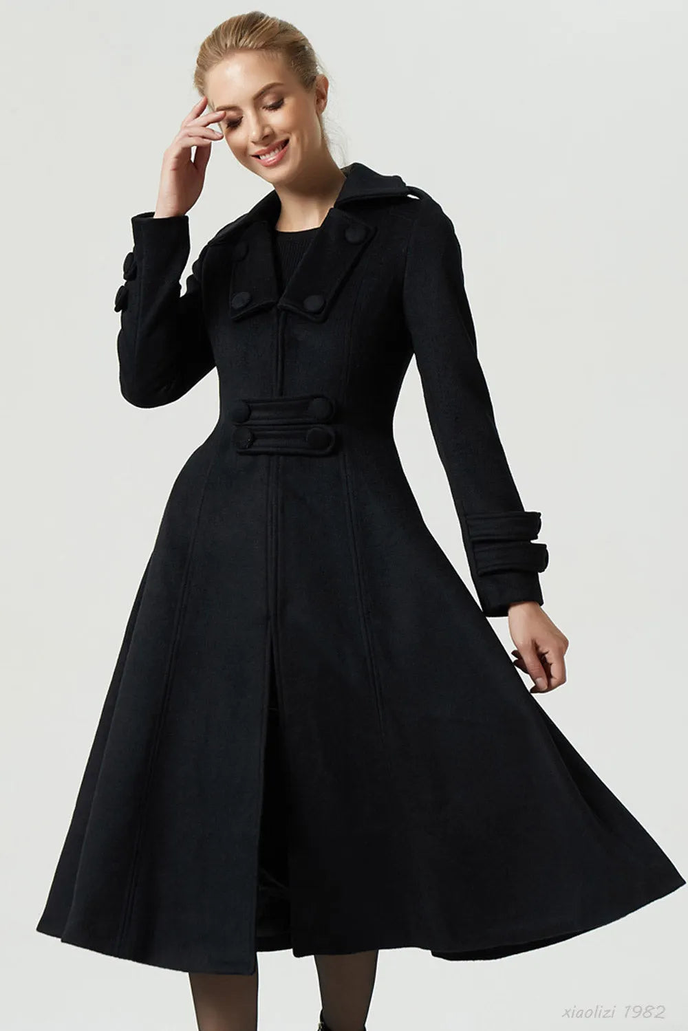 Black Wool Coat - Fit and Flare Midi Winter Overcoat 1982