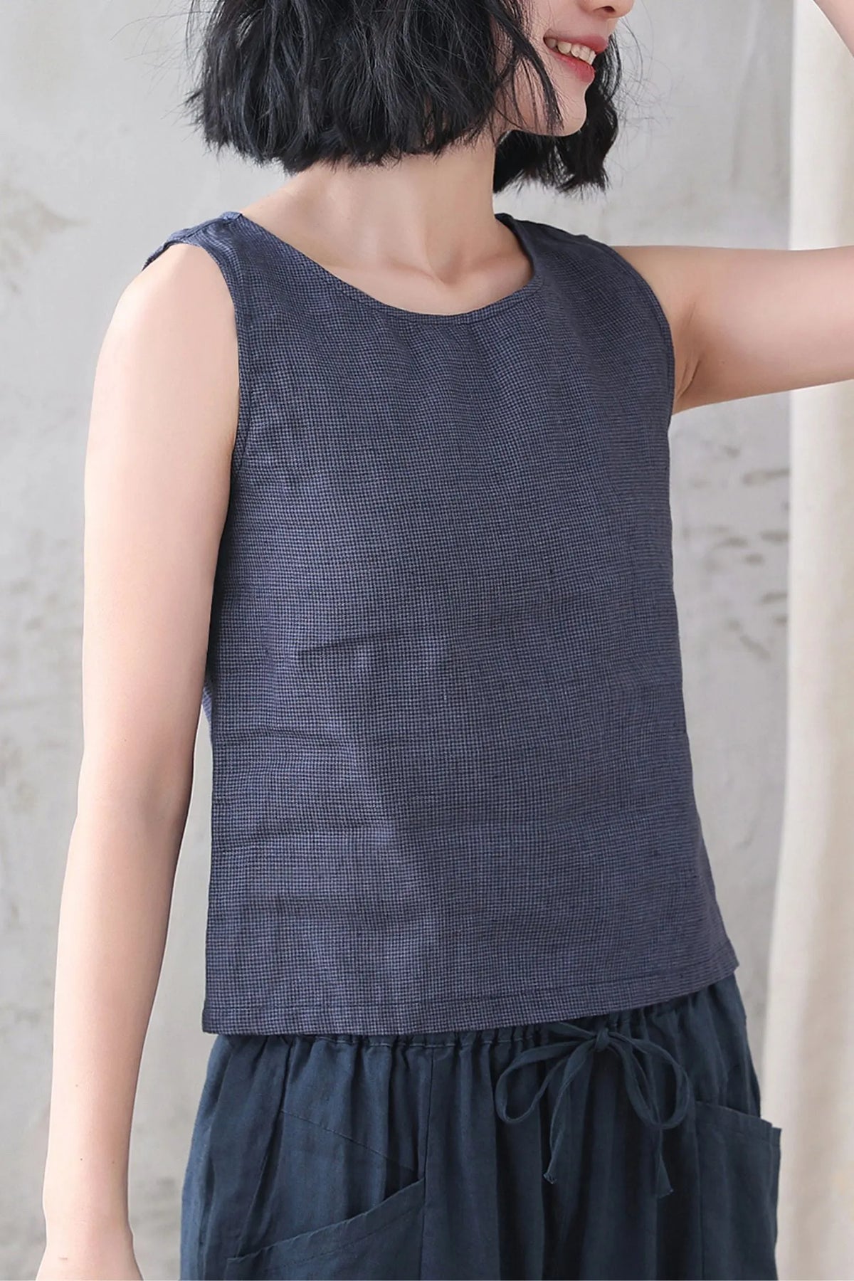 Blue Checked Linen Tank Top - Loose Fit with Scoop Neckline 3338
