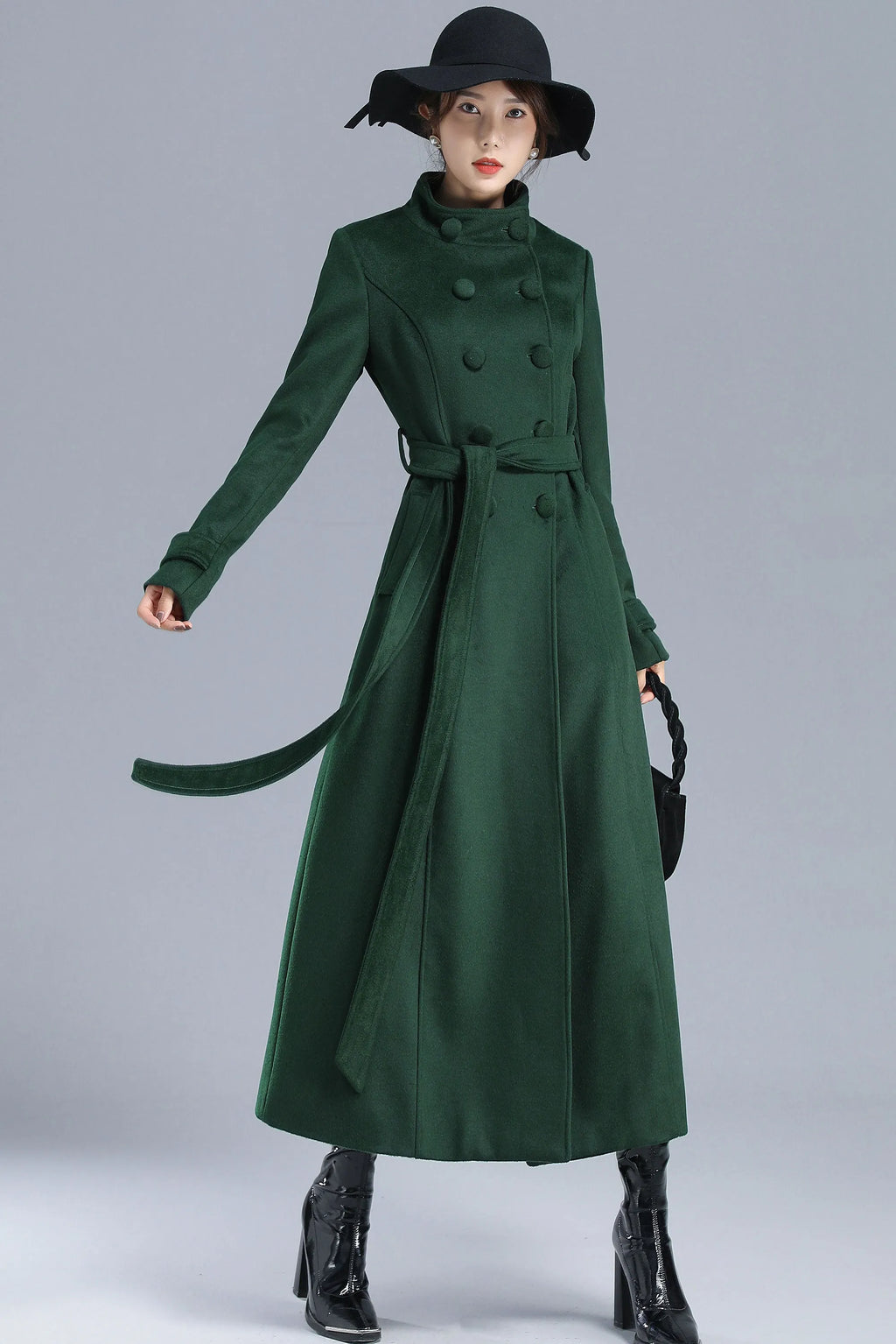 Green Wool Long Coat - Double Breasted with Belt 3214
