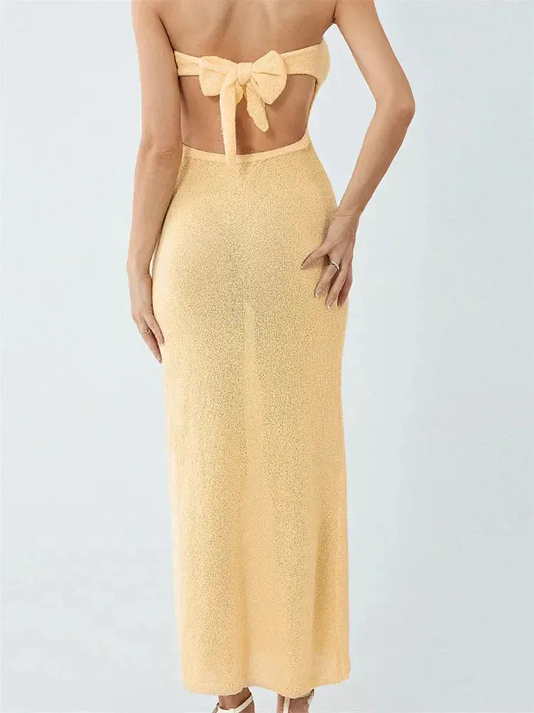 Sexy Women Knitted Tube Strapless Off Shoulder Solid Summer Tie-up Backless Beach Female Vestidos