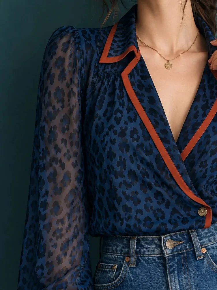 Contrast-Trim Leopard Wrap Blouse