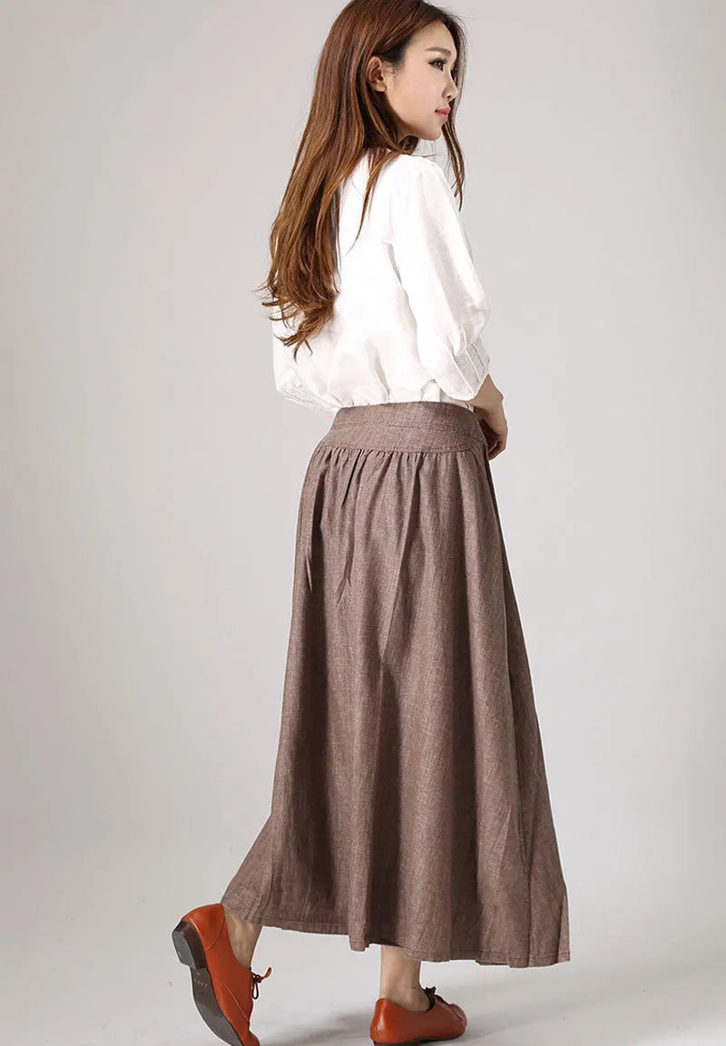 Casual Brown Pleated Linen Maxi Skirt – Handmade Long Flowy Skirt 