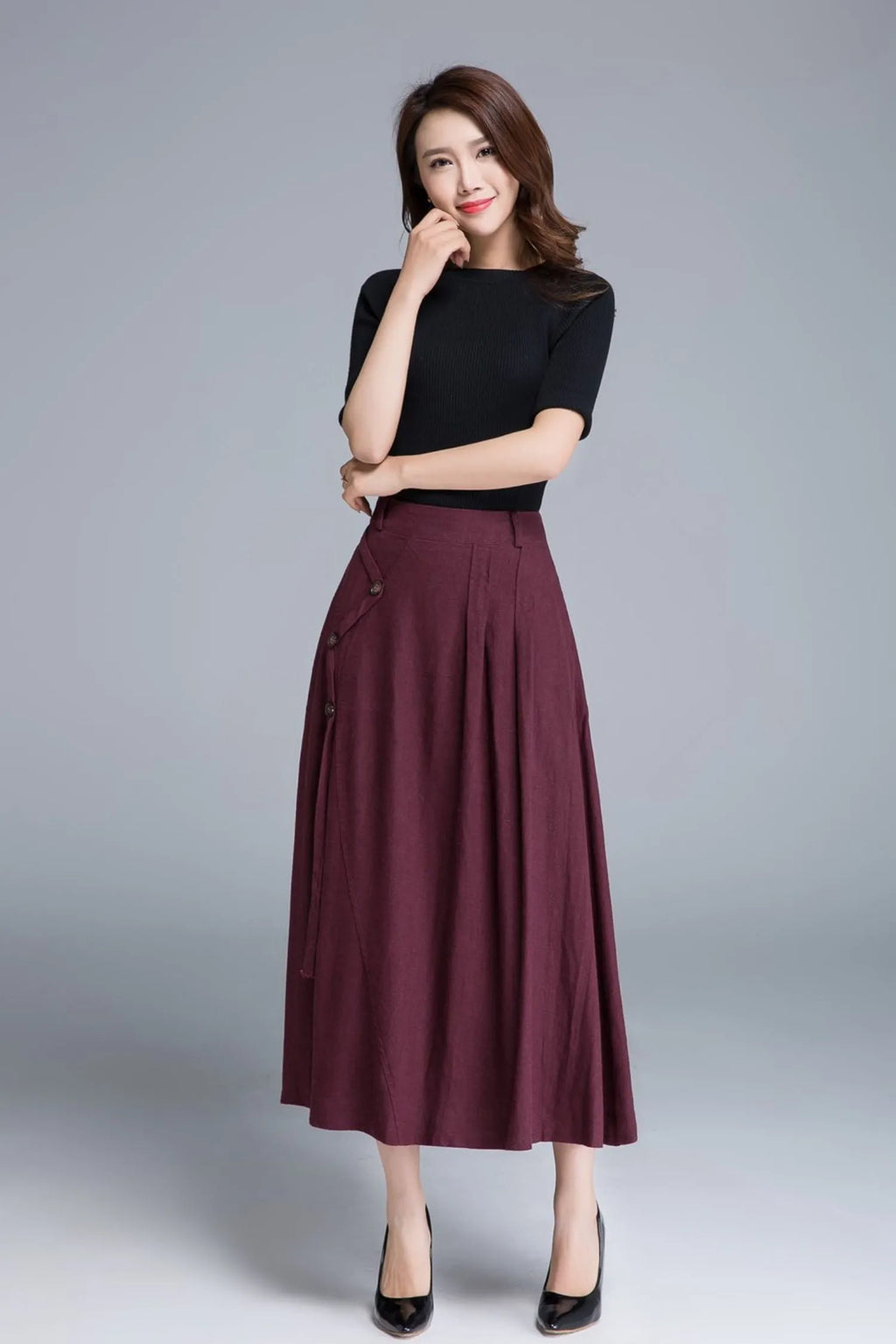 Burgundy Linen Maxi Skirt - High-Waist A-Line Pockets 